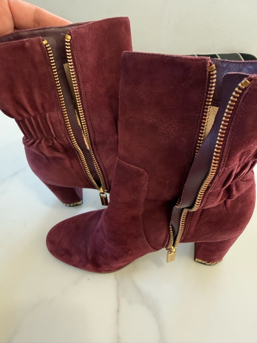 Michael Kors Burgundy Suede Ankle Boots with Gold Zipper - Picture 2 of 7